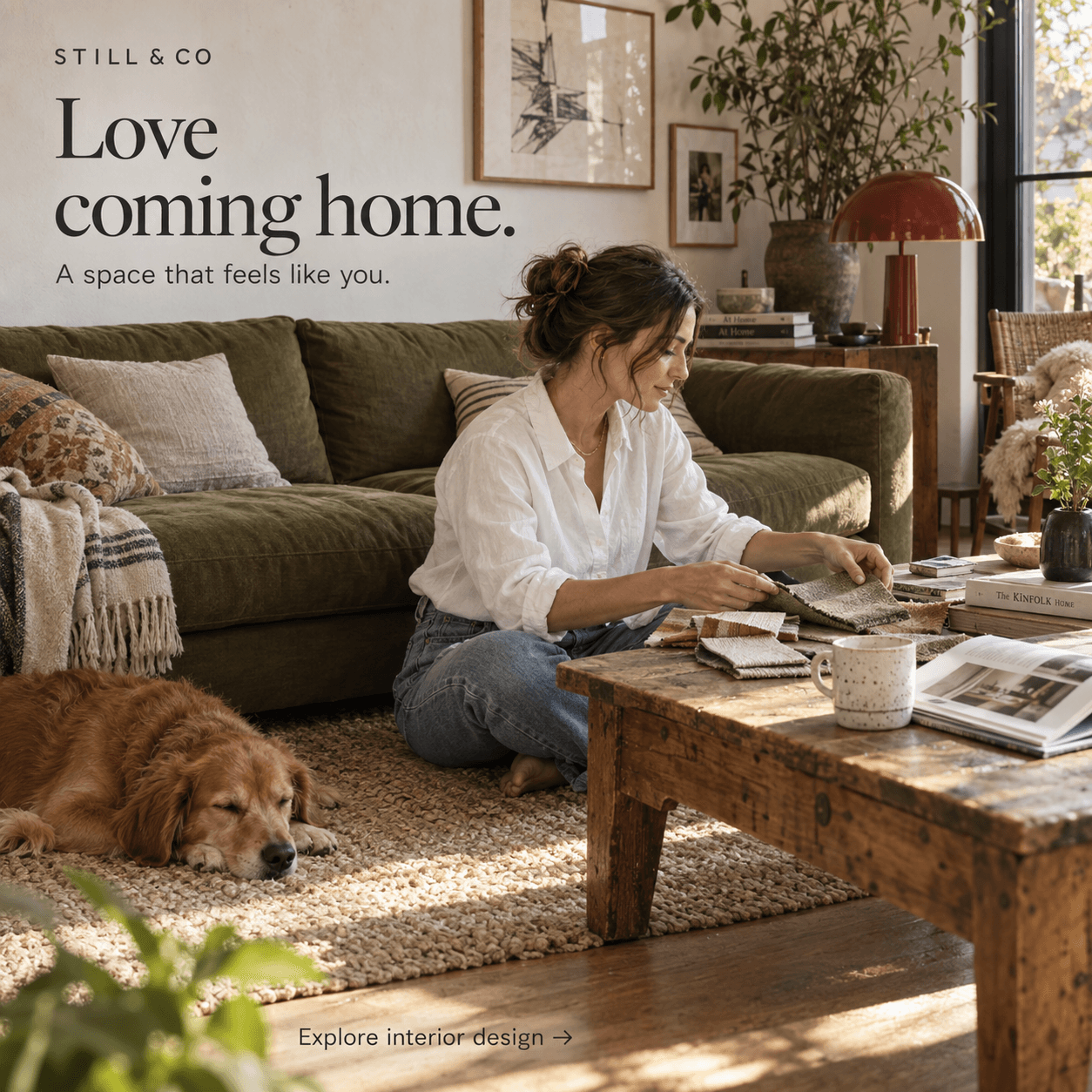 Still and Co designer selecting fabric in a warm interior with a restrained service-focused headline