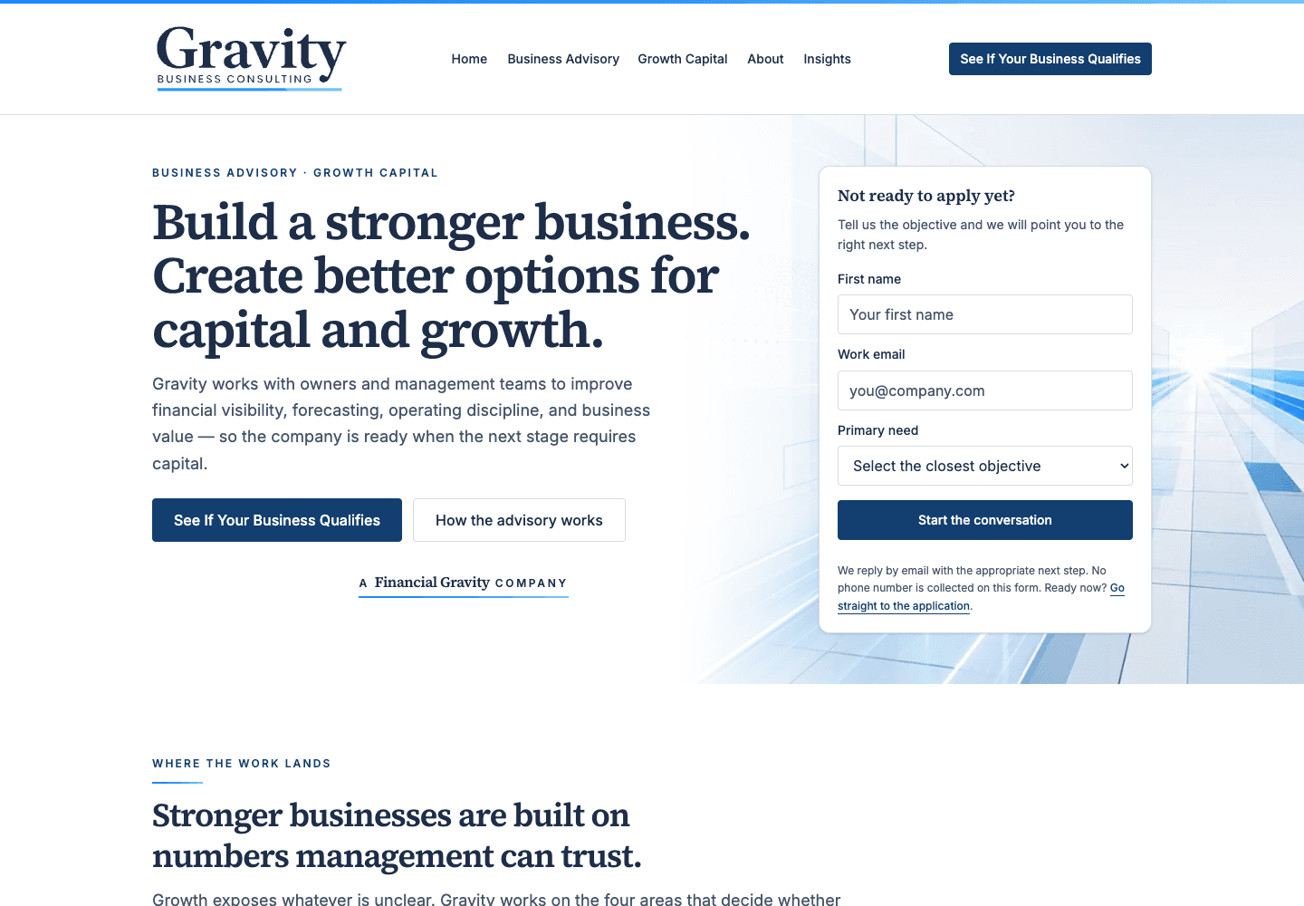 Gravity Business Consulting public homepage and lead application