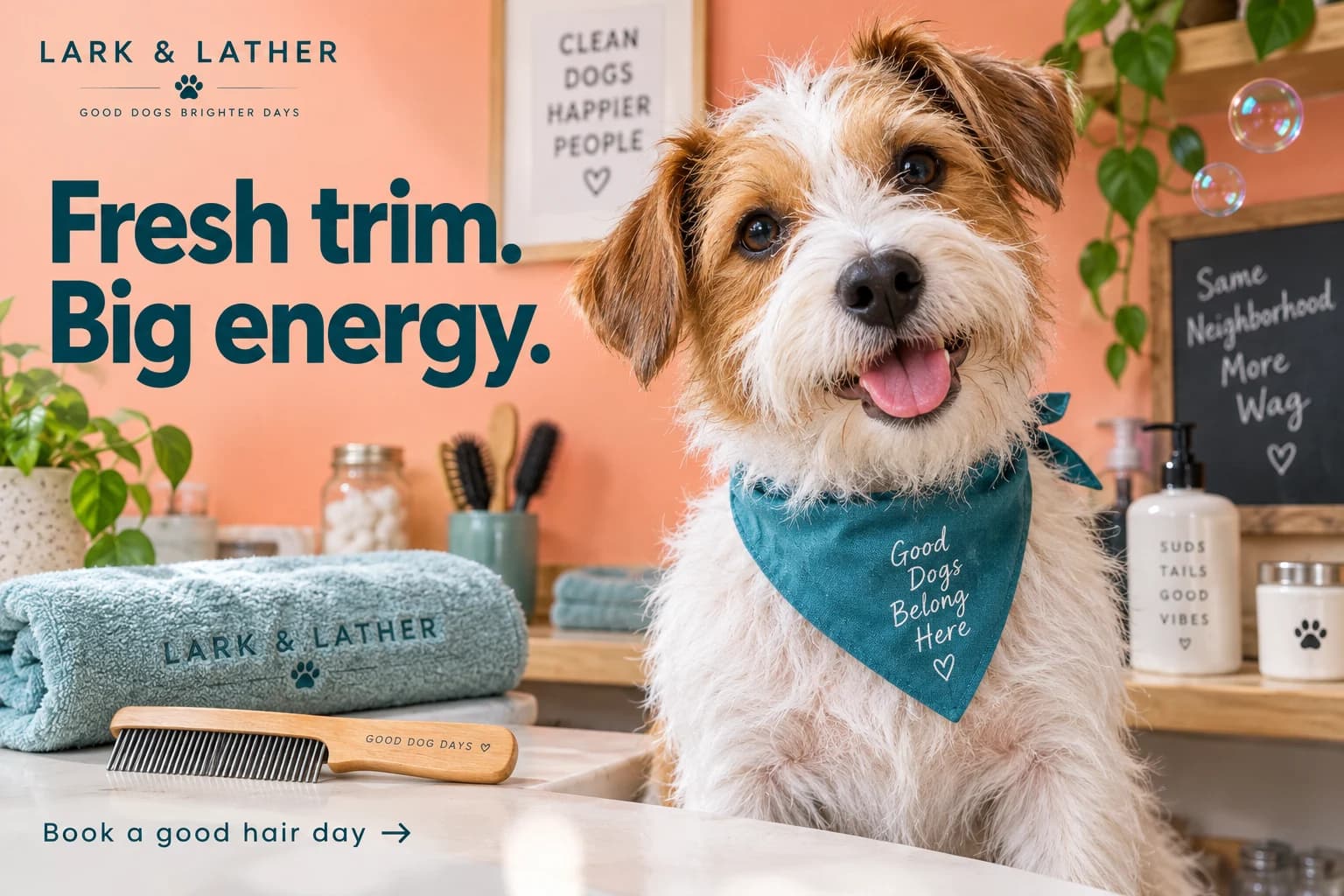 Lark and Lather grooming ad with a cheerful terrier in a teal bandana, peach background and the headline Fresh trim, big energy