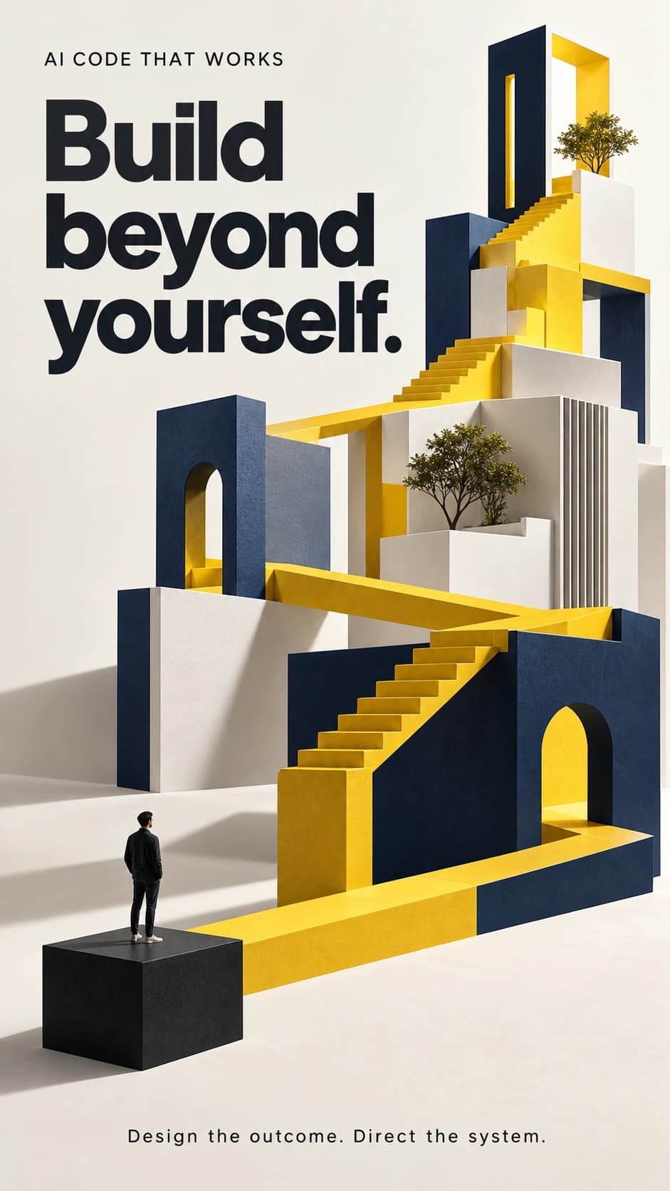 Architectural yellow and navy forms rise beneath the AI Code That Works headline Build beyond yourself