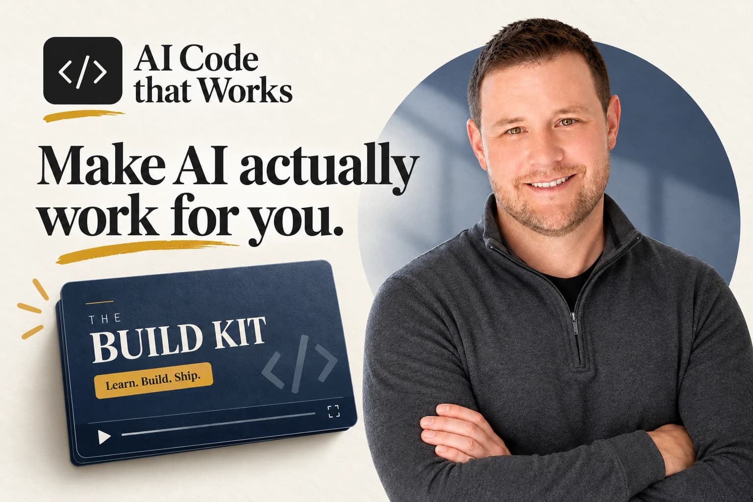 AI Code That Works brand illustration with Alex’s portrait, the AI Code That Works logo, and a Build Kit video card