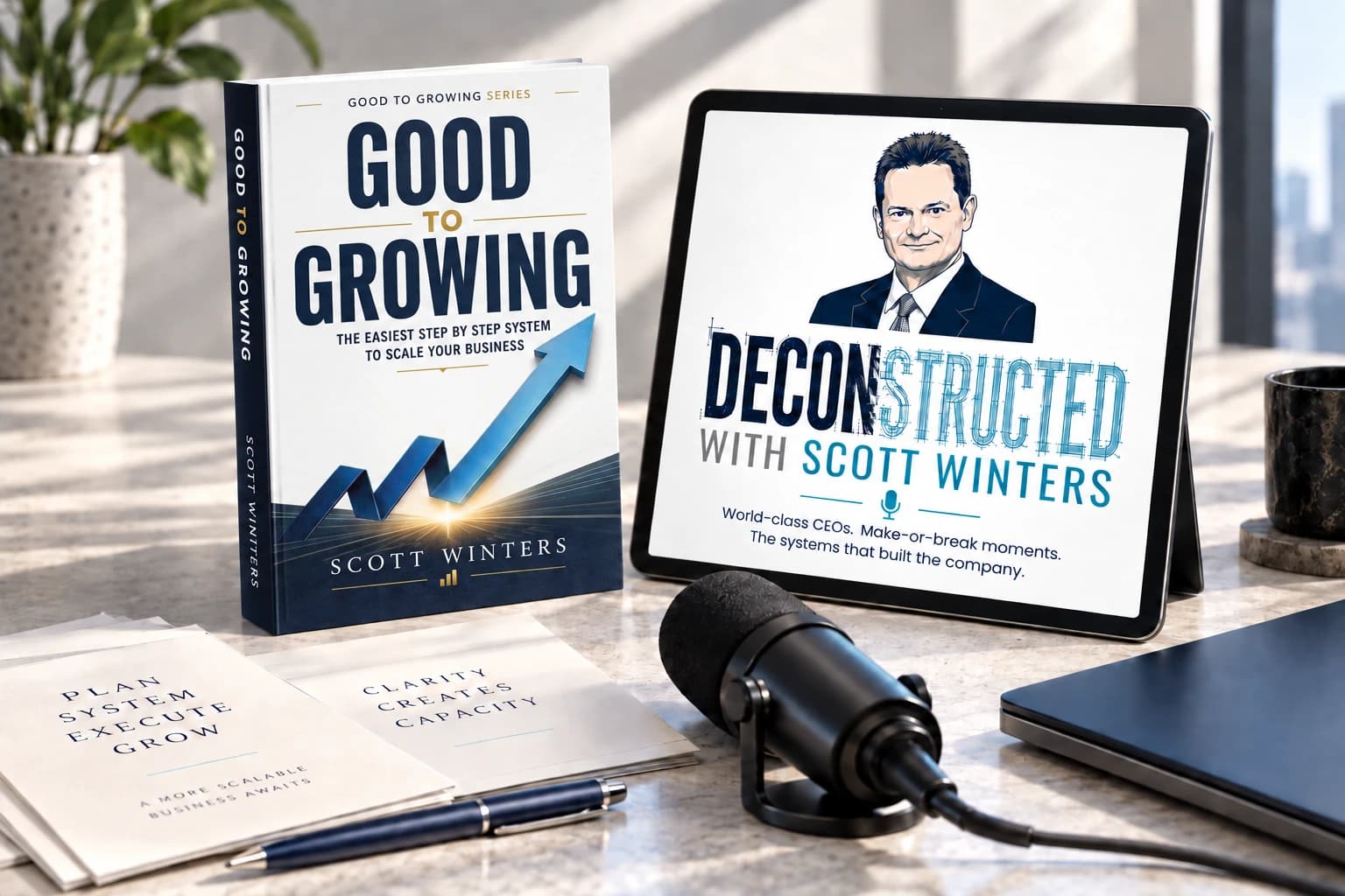 Good to Growing books-and-podcast illustration with the current book cover, Deconstructed artwork, and a studio microphone