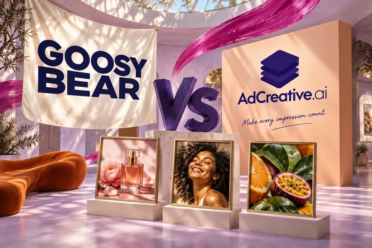 Goosy Bear vs AdCreative.ai in a sculptural gallery of portrait and product advertising.