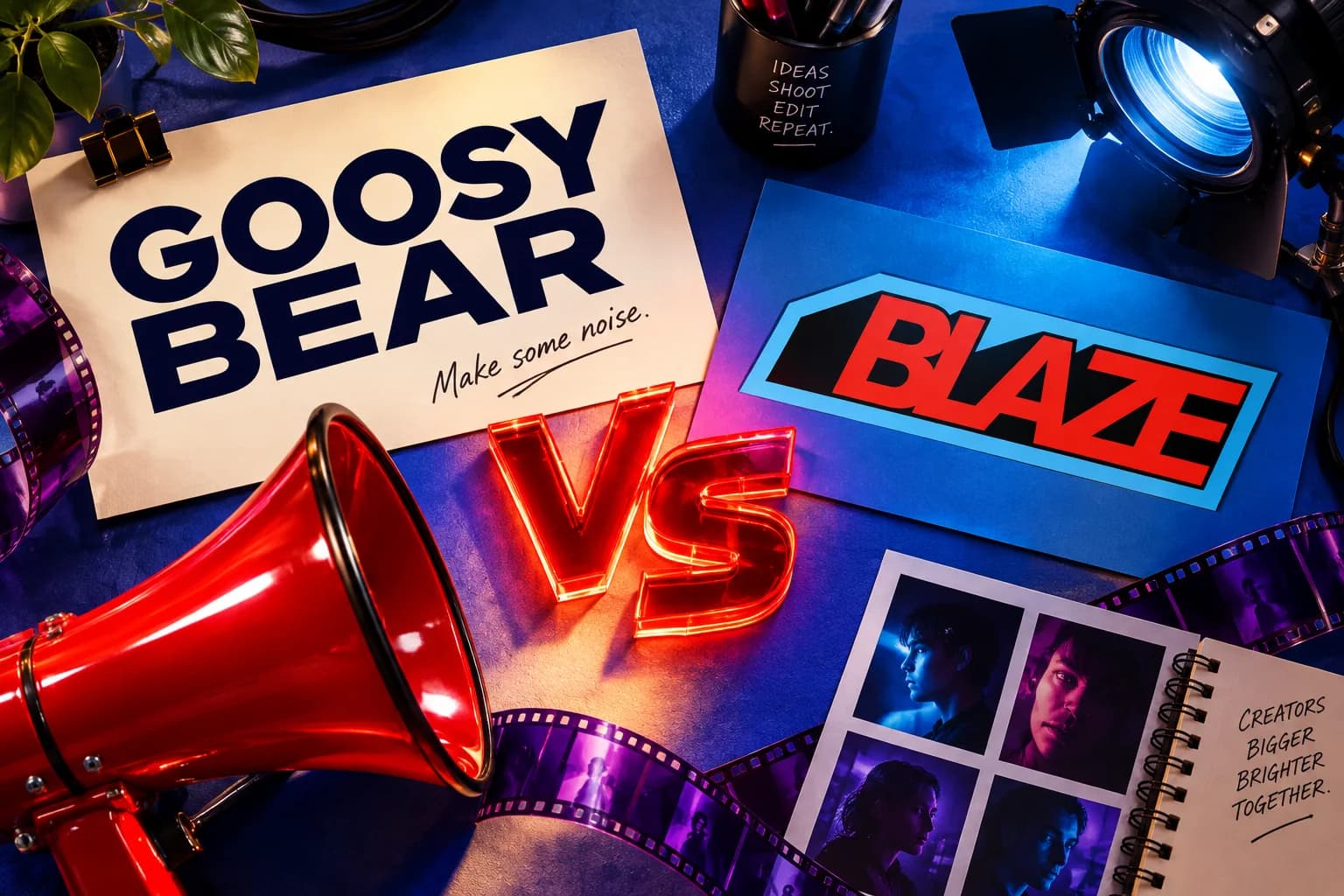 Goosy Bear vs Blaze on a cobalt creator desk with a red megaphone, film and an illuminated VS.