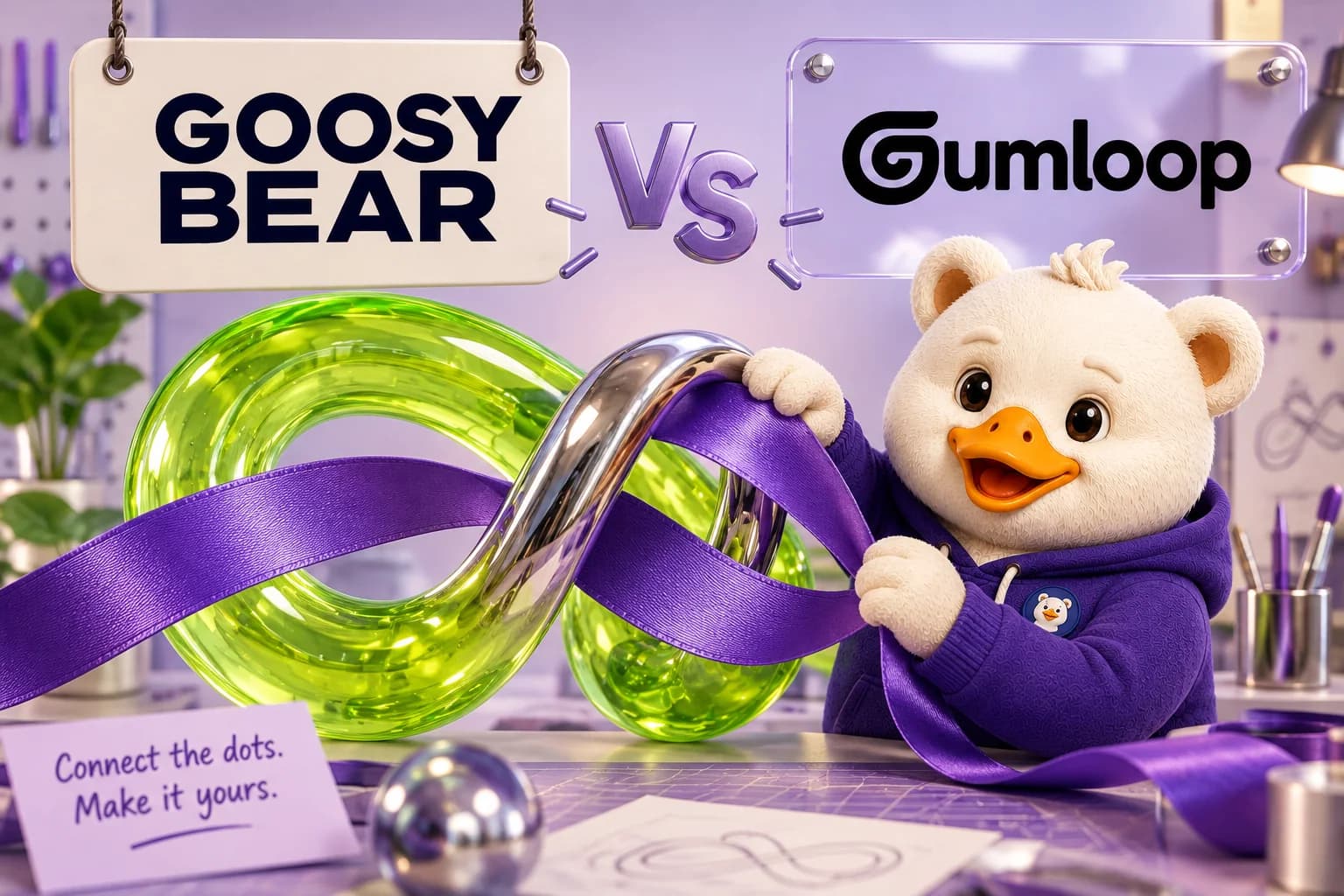 Goosy Bear vs Gumloop in a lilac maker's studio, with Goosy threading vivid ribbons through sculptural loops.