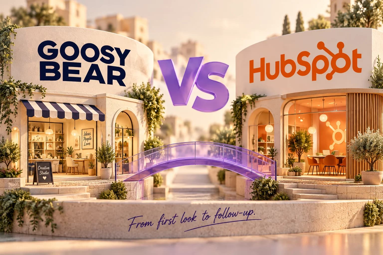 Goosy Bear vs HubSpot above a miniature small-business neighborhood and a translucent violet bridge.
