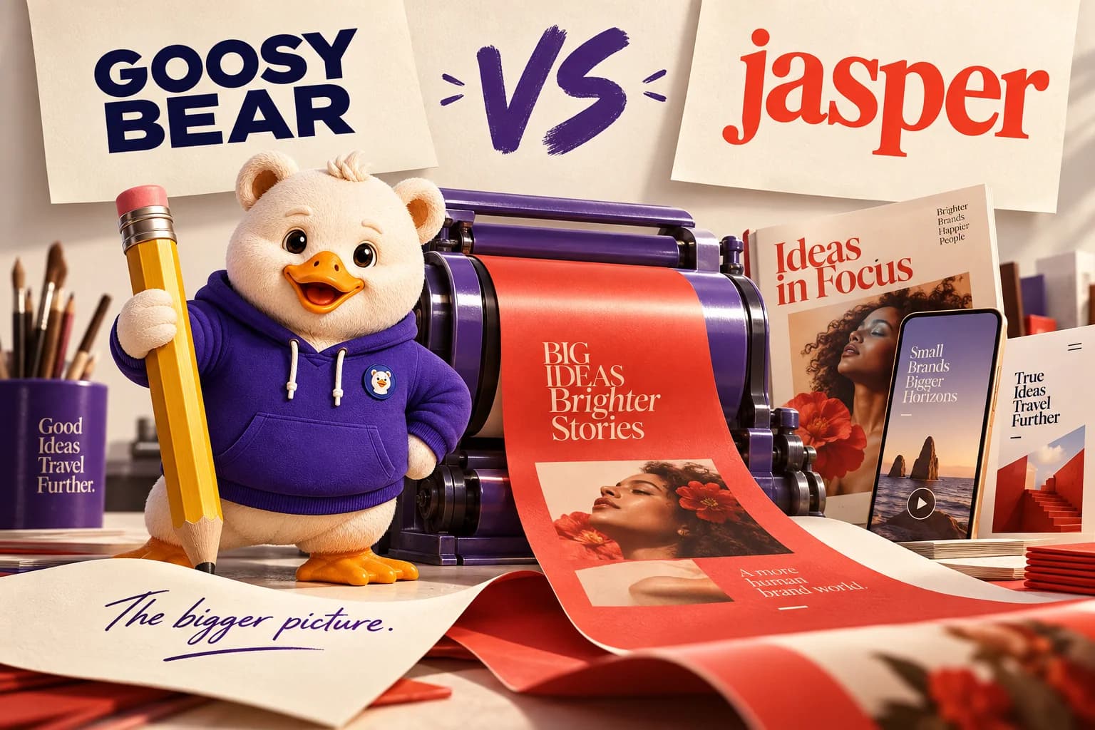 Goosy Bear vs Jasper in a tactile publishing studio, with Goosy directing a printing press and creative formats.
