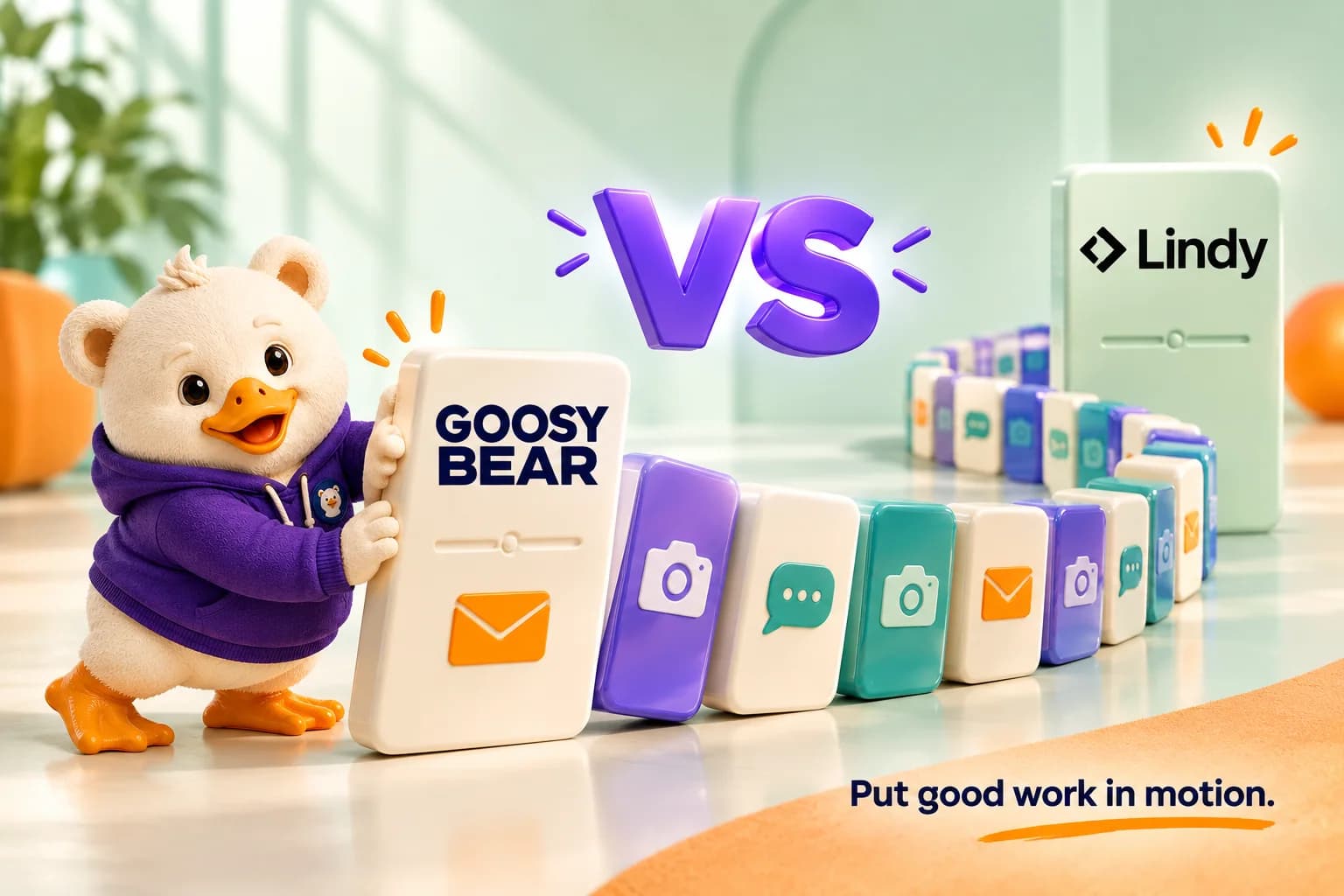 Goosy Bear vs Lindy in a mint studio, with Goosy setting a curve of marketing dominoes in motion.