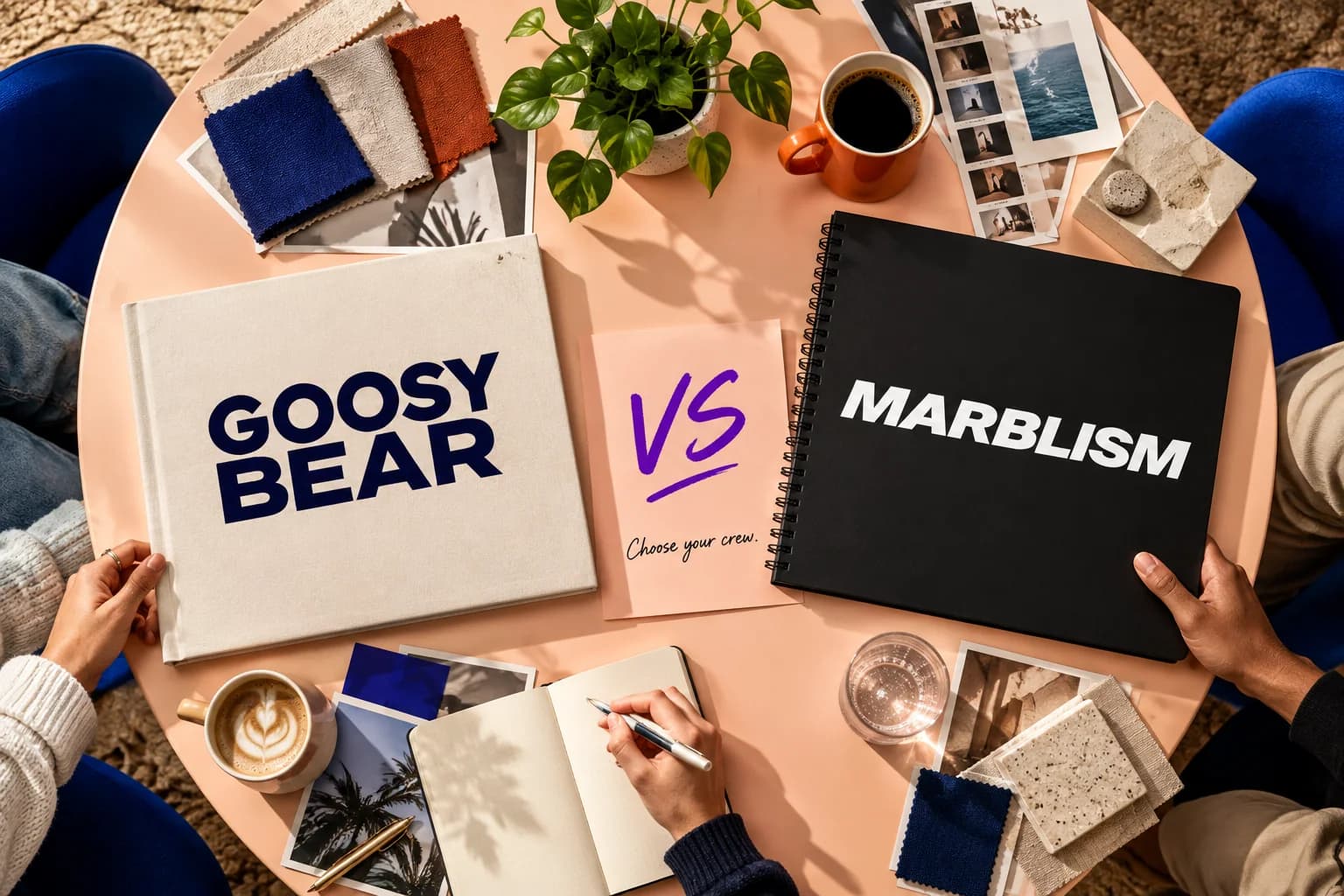 Goosy Bear vs Marblism on two portfolios around a lively agency team table.