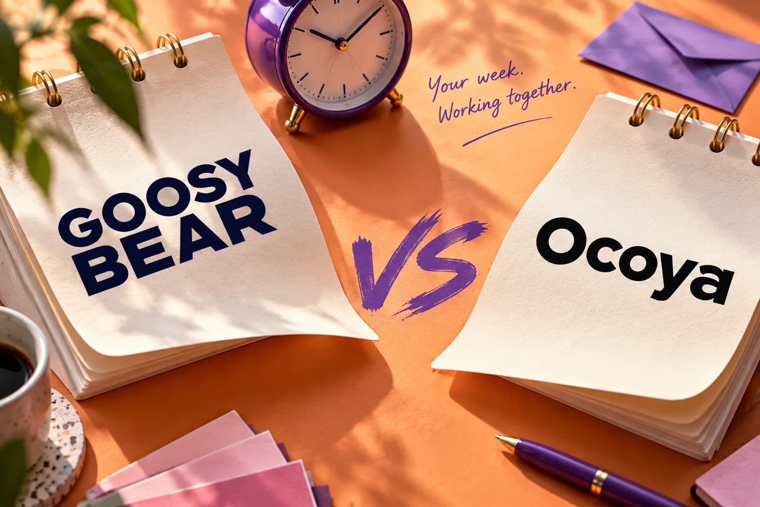 Goosy Bear vs Ocoya across curled calendar pages on a sunlit orange desk with a purple clock.