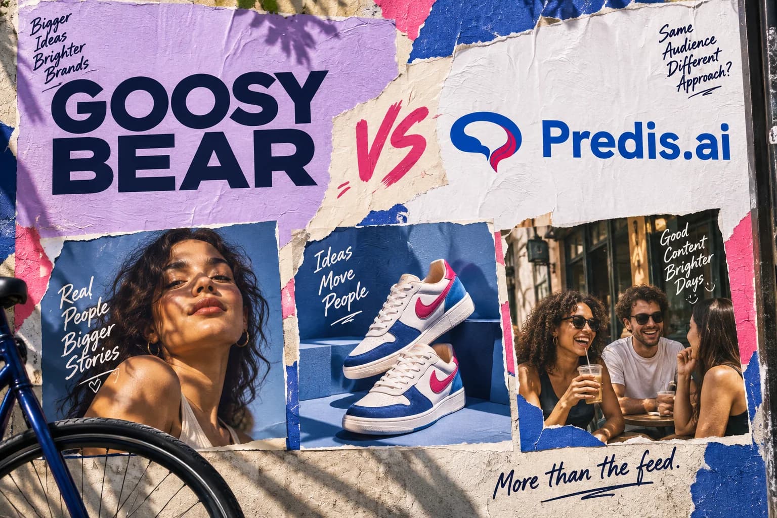 Goosy Bear vs Predis.ai on a layered outdoor poster wall with vivid social creative and photography.