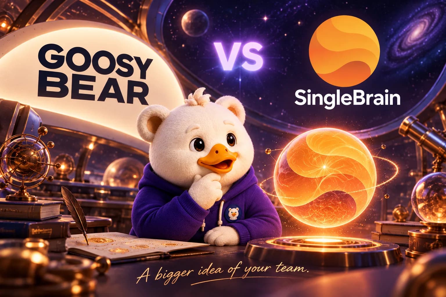 Goosy Bear vs SingleBrain in a violet observatory, with a thoughtful Goosy and a luminous orange orb.