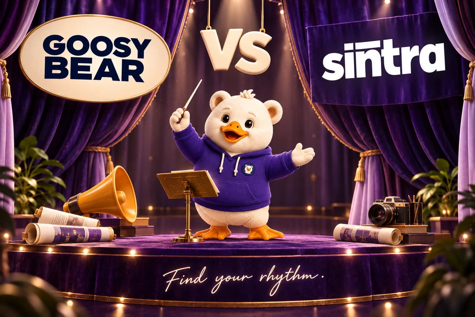 Goosy Bear vs Sintra on a velvet stage, with Goosy conducting the creative work.