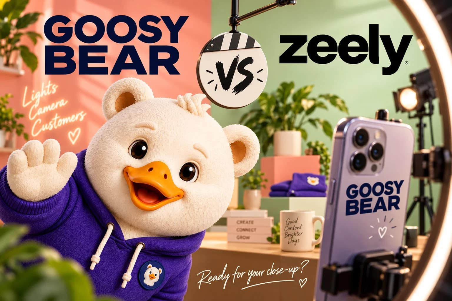 Goosy Bear vs Zeely in a coral and mint camera studio, with Goosy leaning into a creator's smartphone setup.