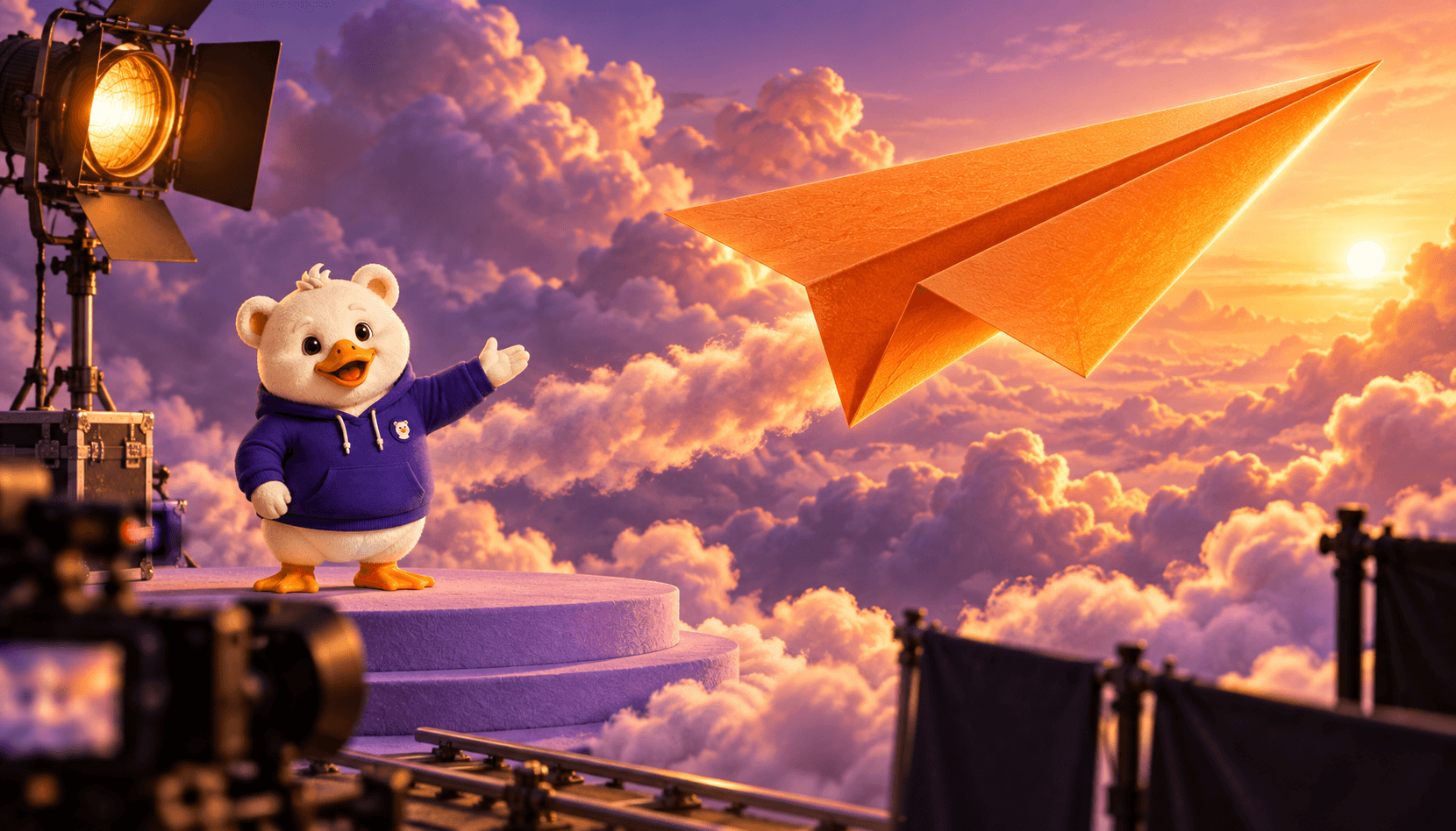 Goosy directs a cinematic campaign on a violet film set as a luminous orange paper airplane takes flight