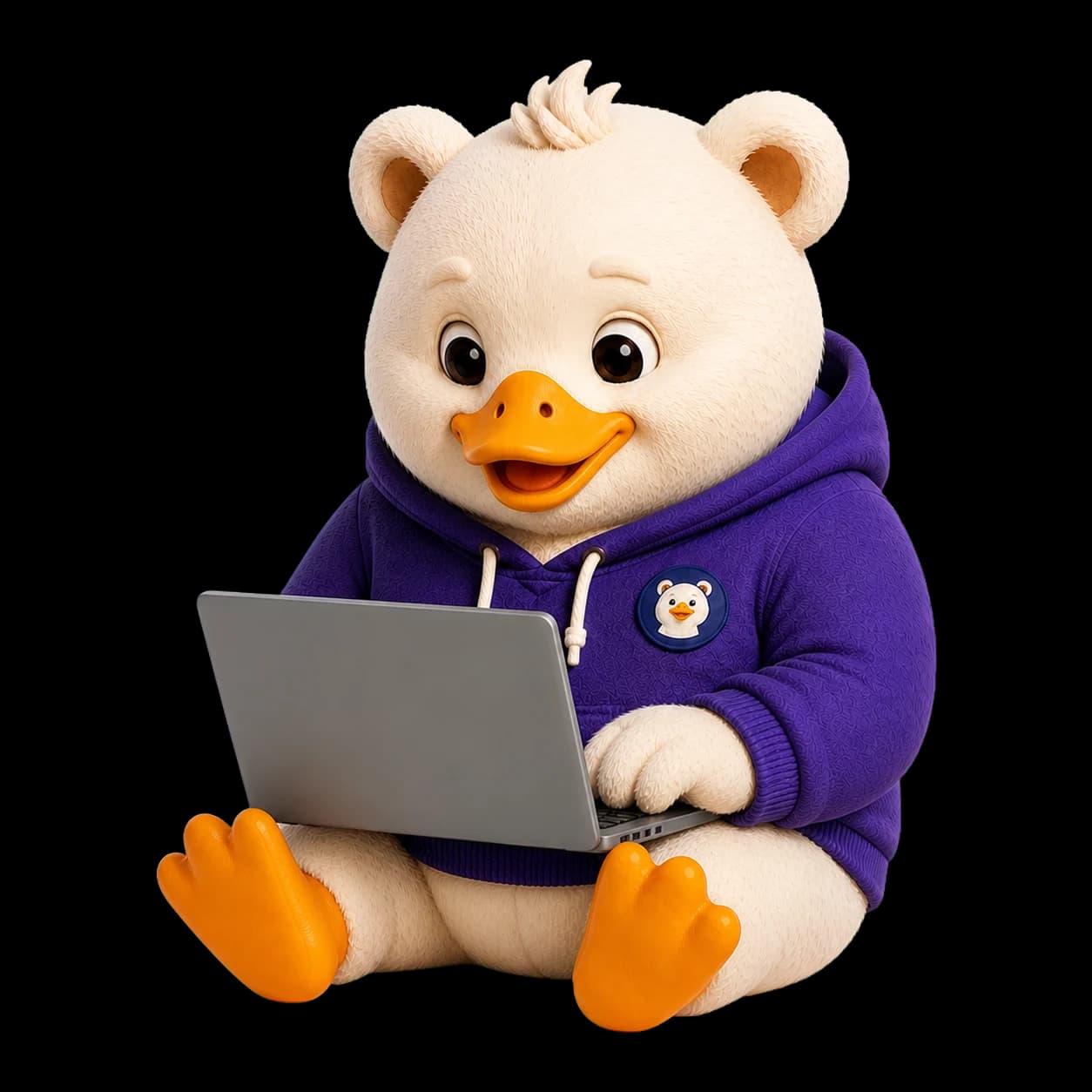 Goosy Bear at his laptop, keeping the marketing moving