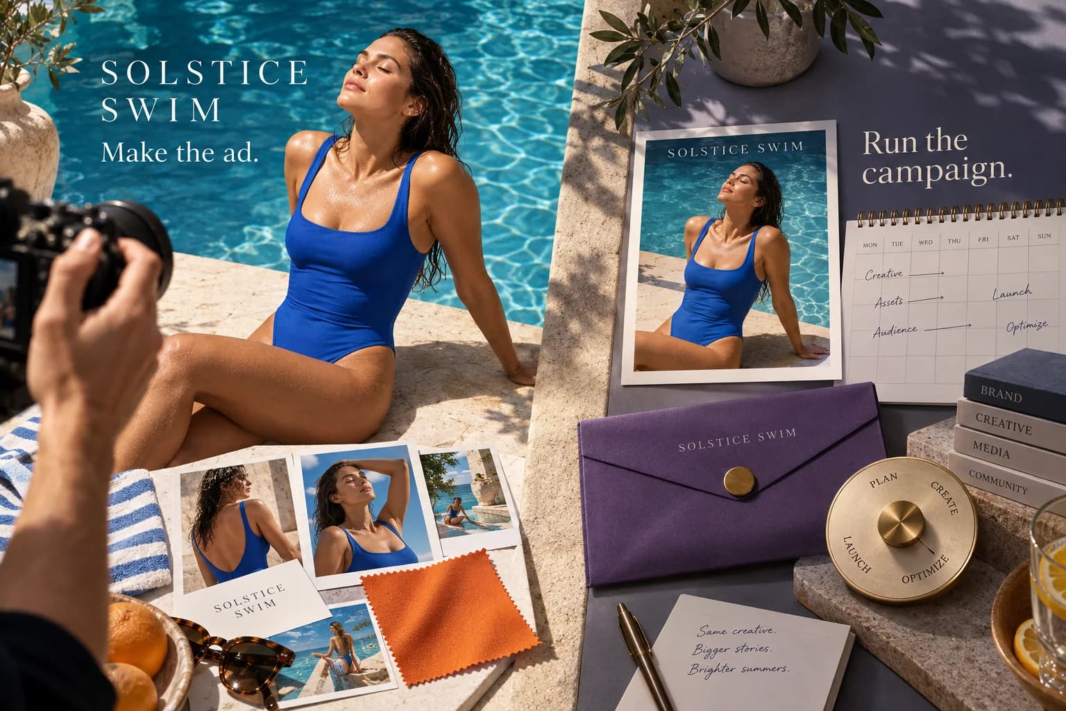 A poolside swimwear photoshoot sits beside the creative, calendar and decisions needed to run its campaign.