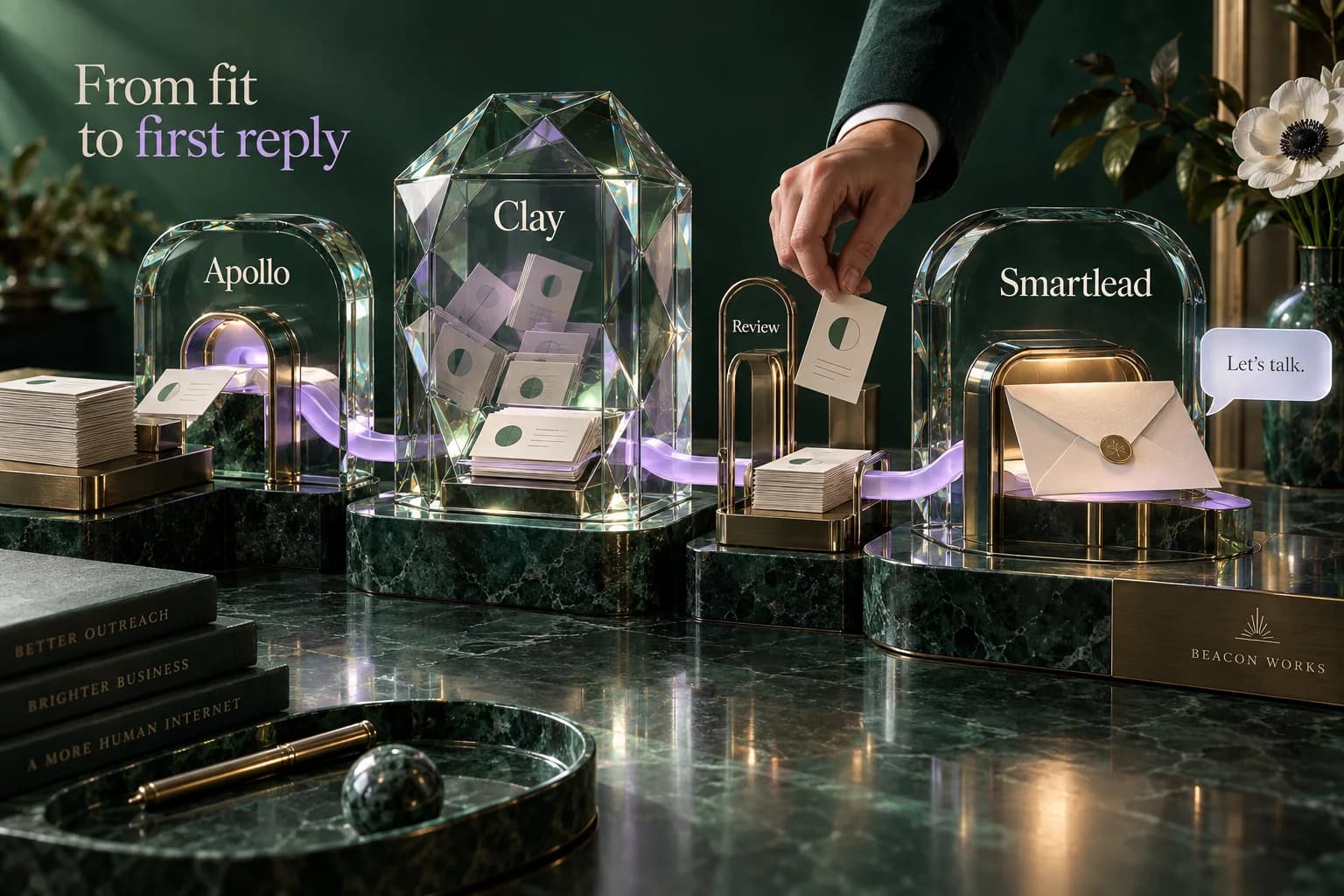 A tactile glass-and-brass sequence carries Apollo prospect cards through Clay enrichment, human review and Smartlead outreach.