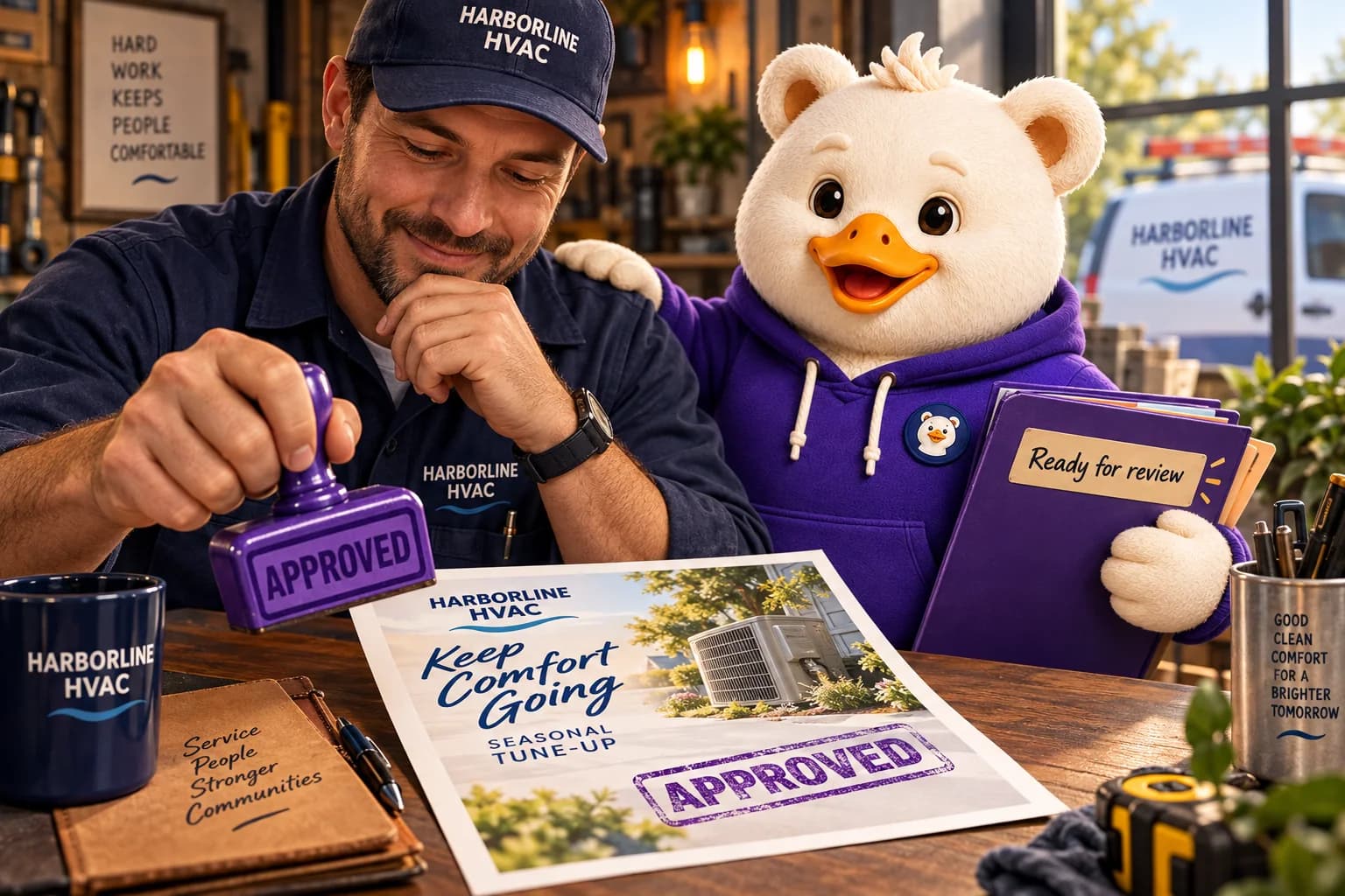 An HVAC business owner approves the next piece of marketing beside Goosy and a clear work plan.