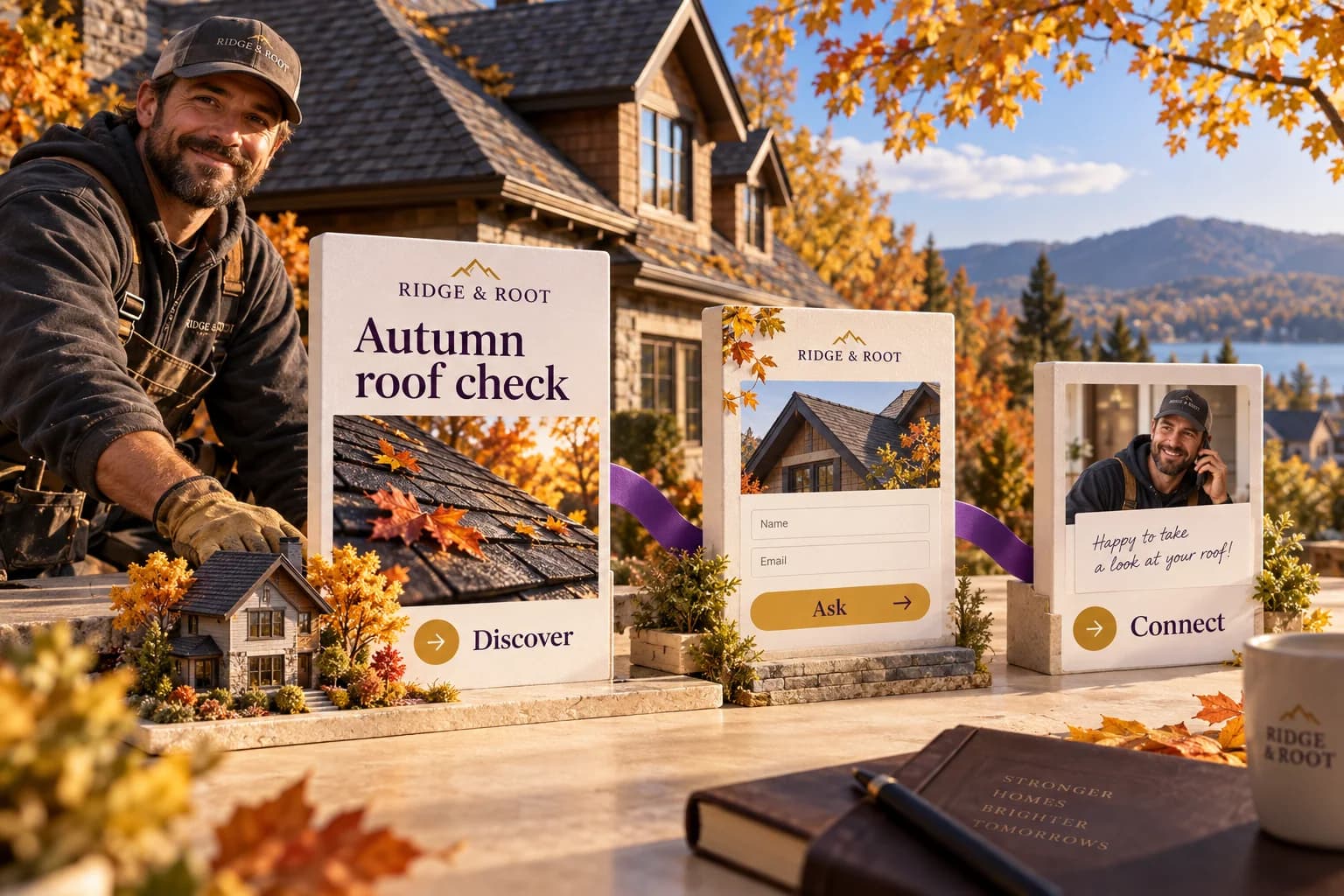 A contractor’s autumn roof-check offer moves from an ad to an inquiry form and a personal reply.