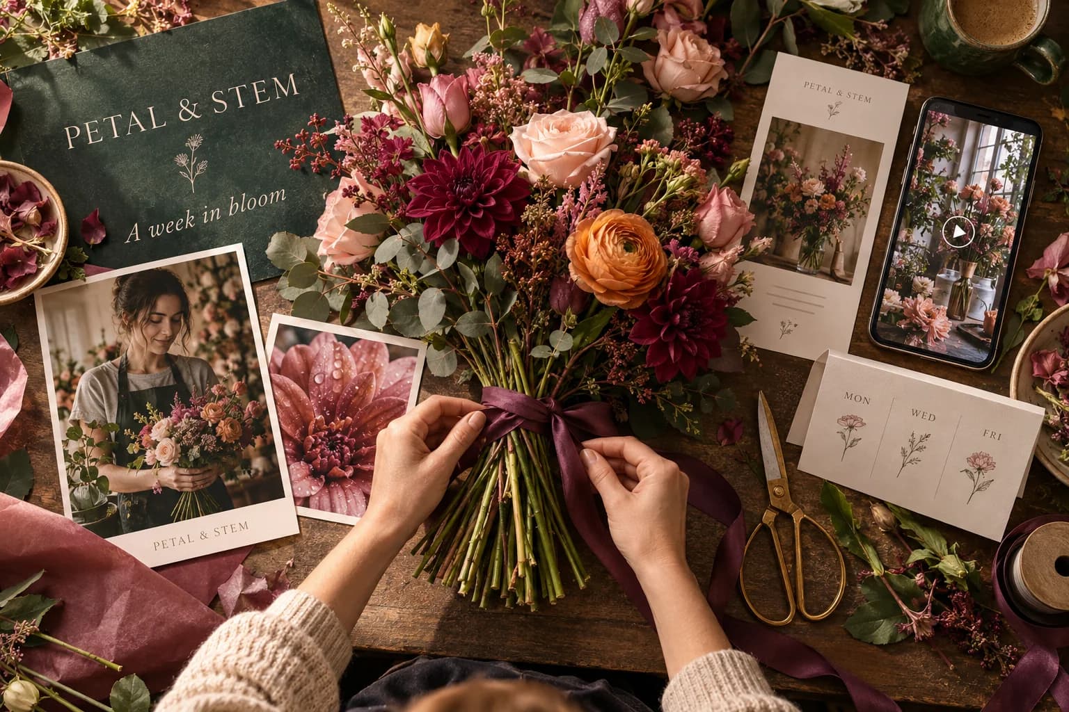 A florist’s fresh bouquet becomes a coordinated week of social posts, website imagery and email.