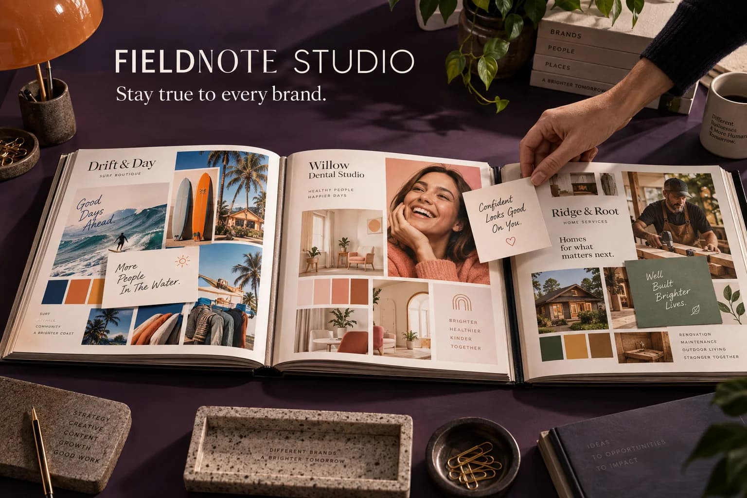 Three distinct client portfolios bring a surf boutique, dental studio and home-services brand into an agency’s working studio.