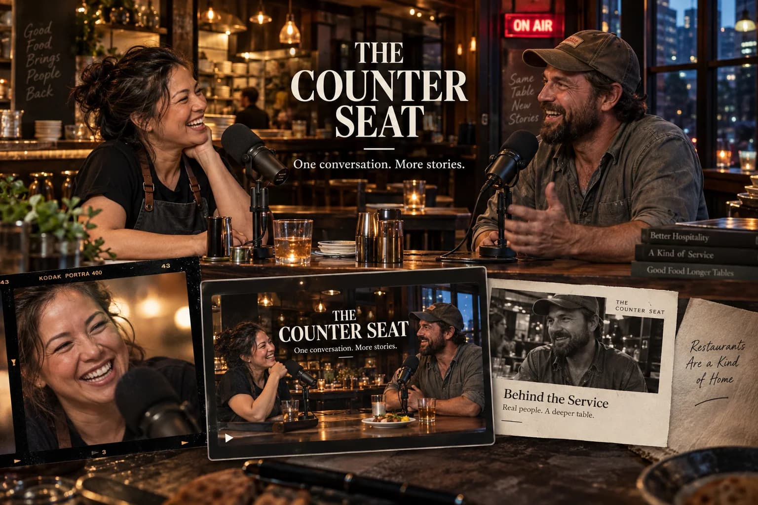 Restaurant owners record a lively podcast conversation, surrounded by its portrait clip, episode and article adaptations.