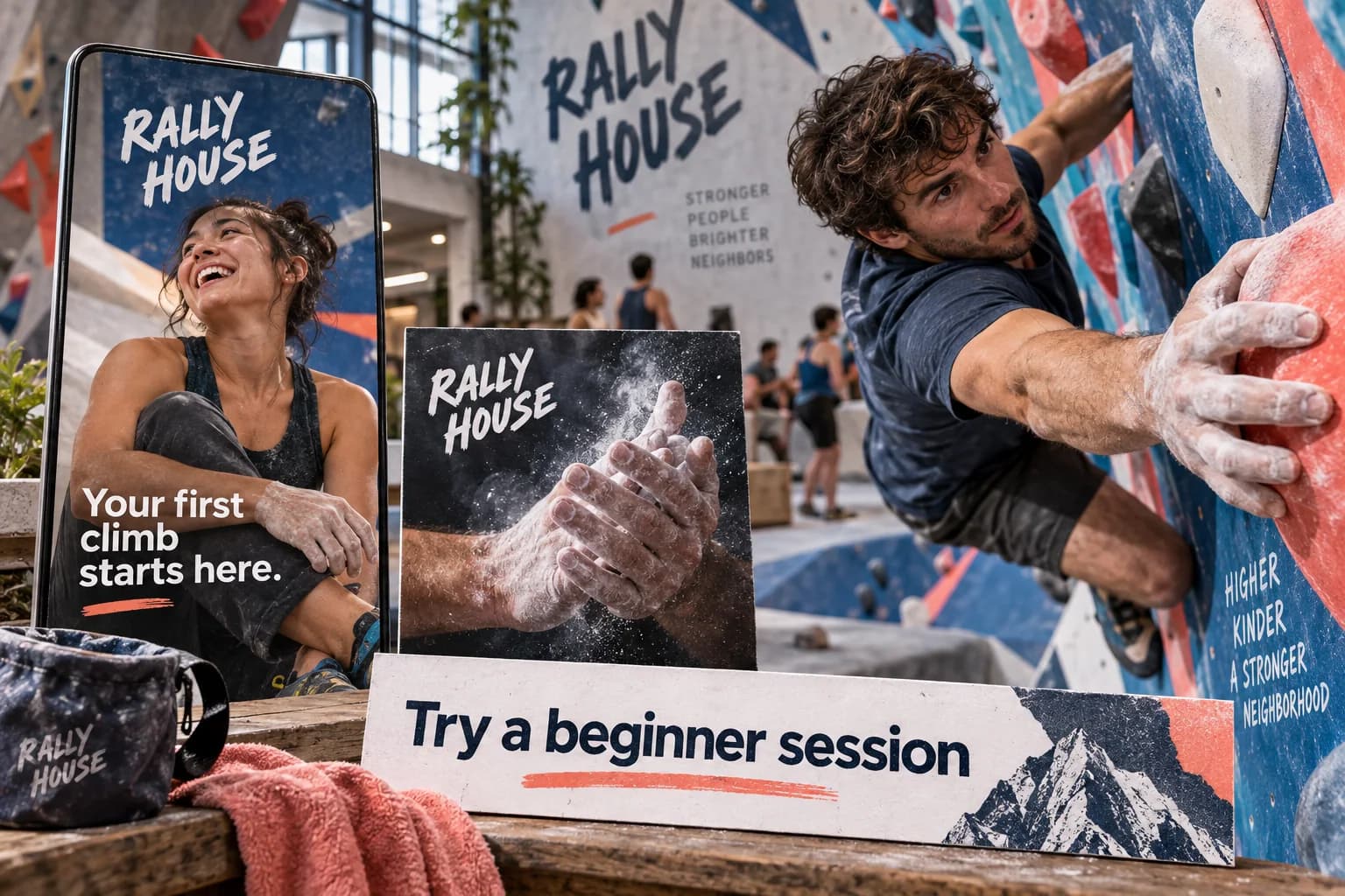 A real climbing moment becomes a portrait ad, a square creative and a wide beginner-session offer.