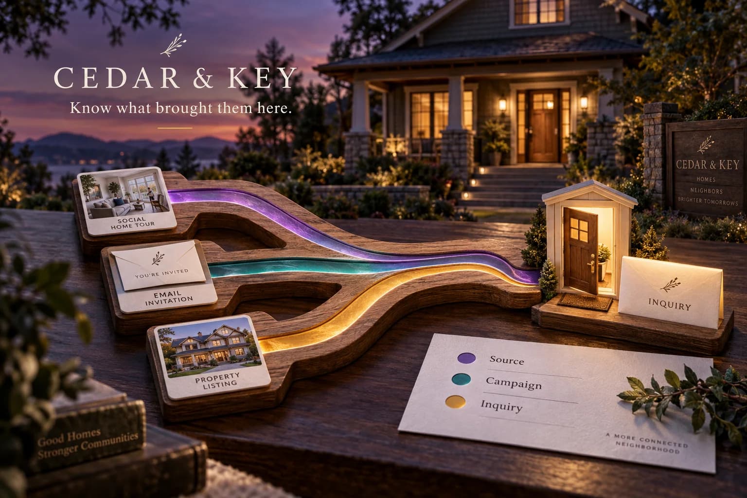 Social, email and property-listing paths converge on a home inquiry, showing how campaign sources connect to the next conversation.