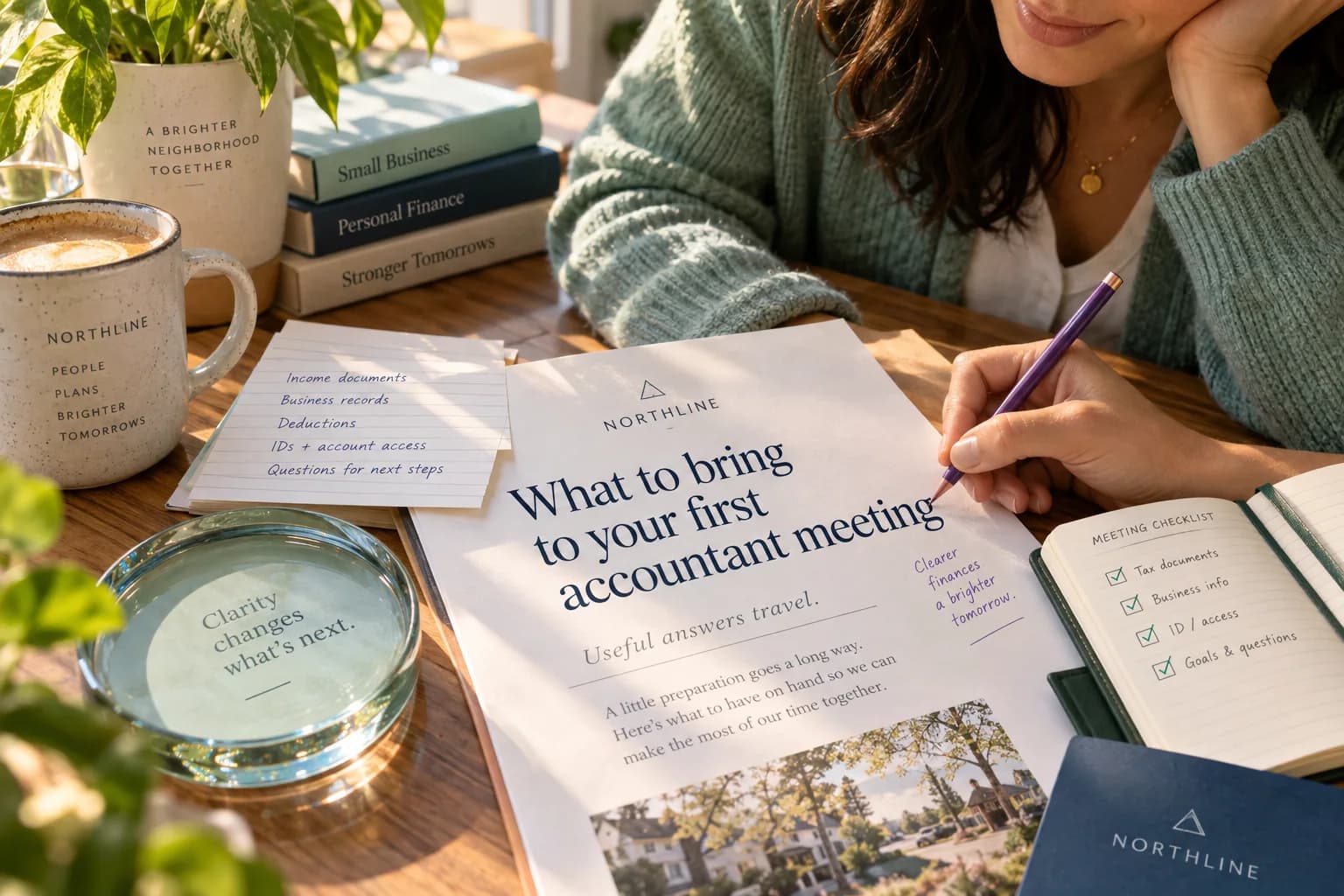 An accountant edits a useful first-meeting article with source notes and a practical checklist in warm daylight.