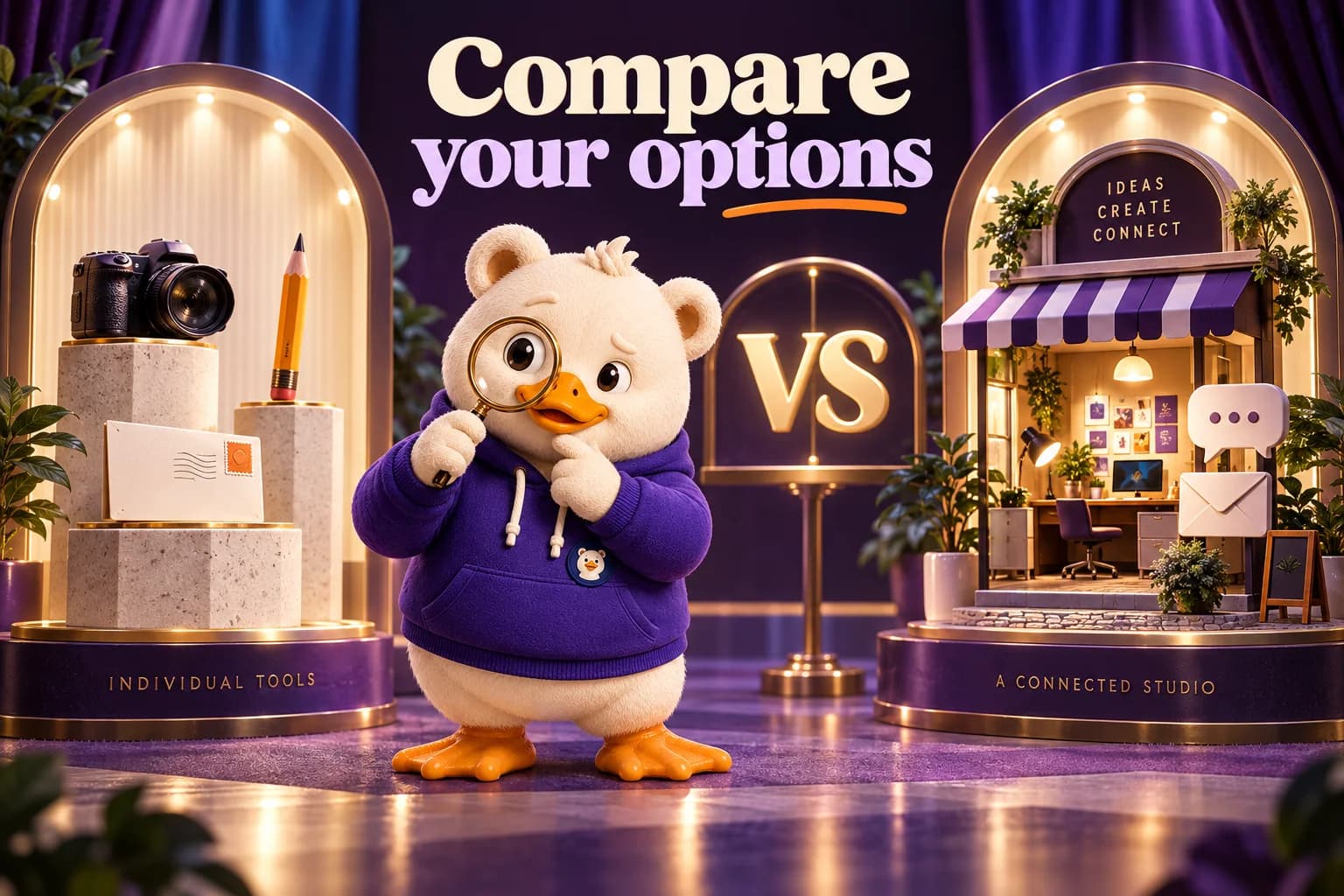 Goosy examines individual marketing tools and a connected creative studio in two illuminated displays marked versus.