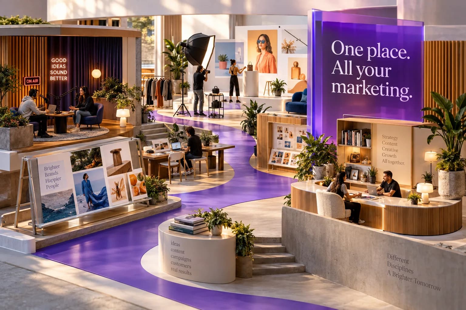 A shared creative studio connects podcast recording, photography, website design and customer conversations along one purple path.