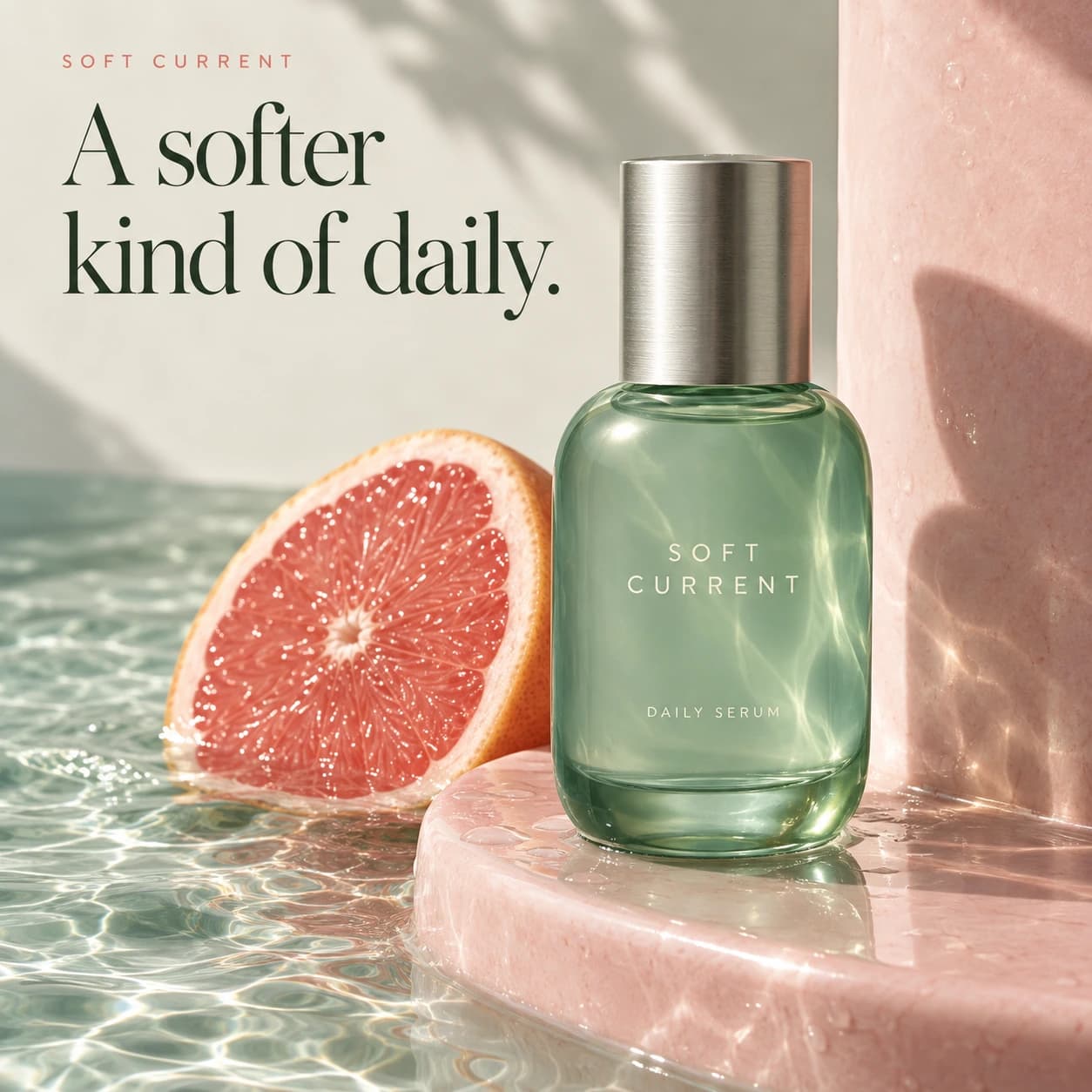 Jade green Soft Current serum bottle beside grapefruit and a pink ceramic ledge, with the headline A softer kind of daily