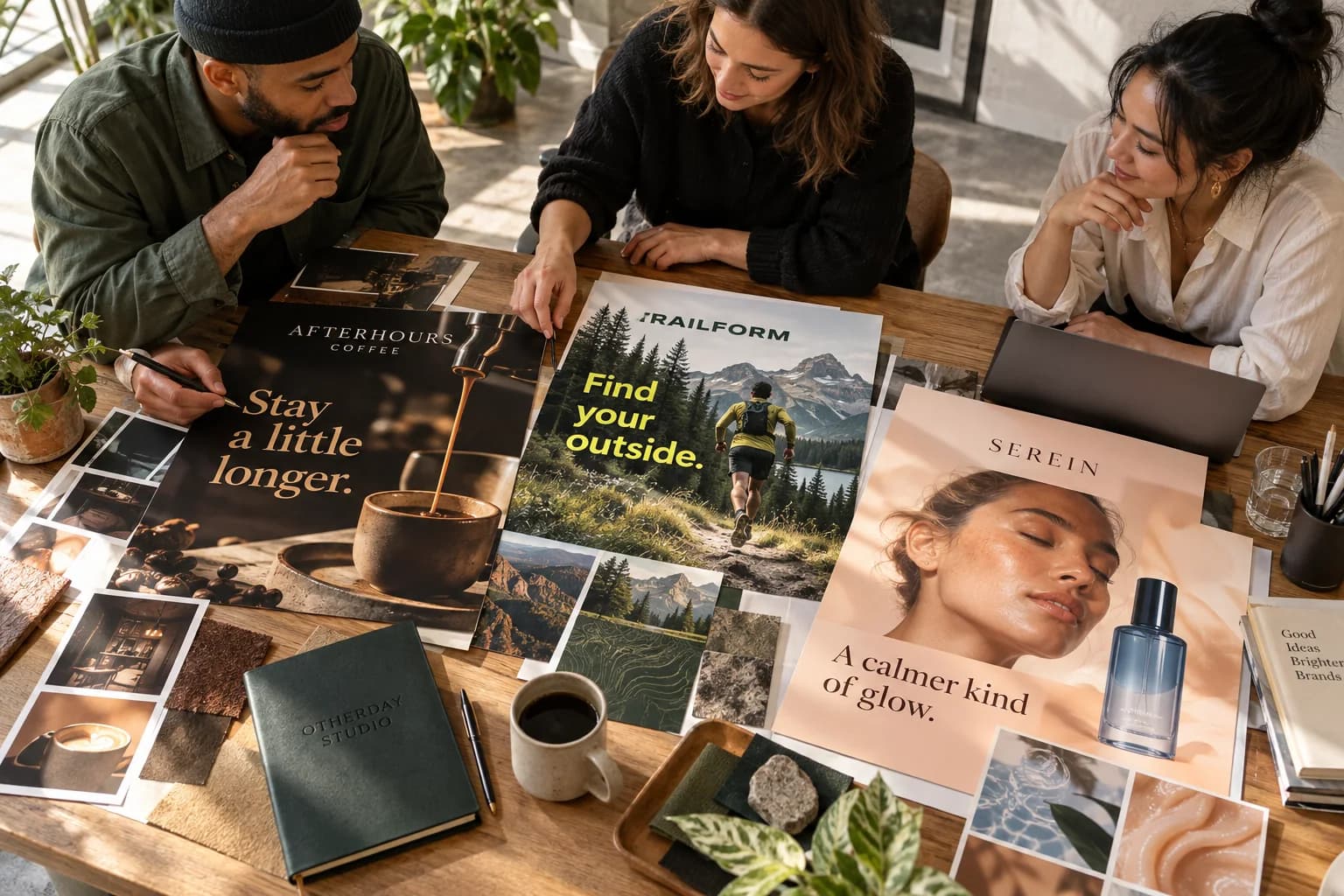 A creative team reviews three distinct campaigns for coffee, outdoor apparel and skincare around one studio table.