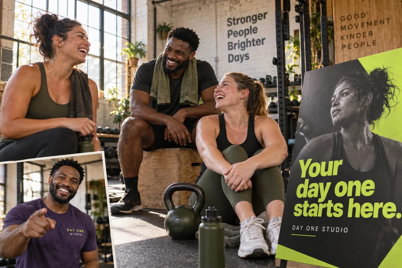 A group enjoys the end of a strength class beside an inviting first-session campaign and a trainer portrait.