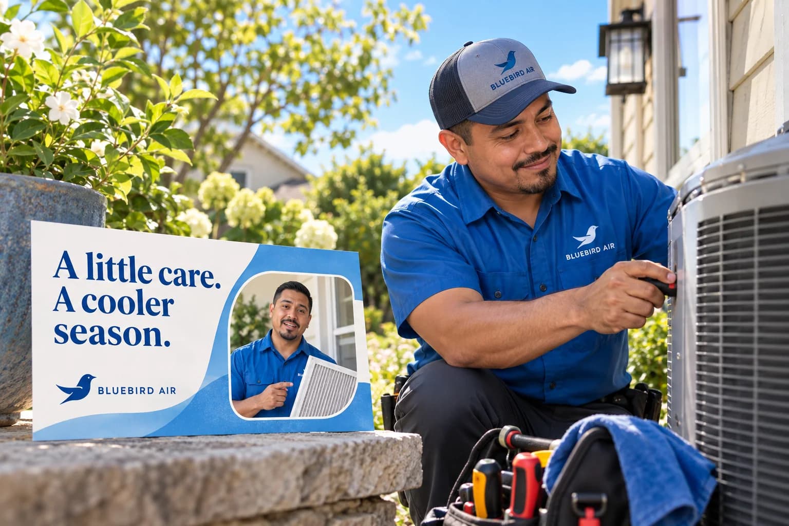 A technician checks a residential cooling unit beside a seasonal-maintenance ad and a friendly filter-explainer image.