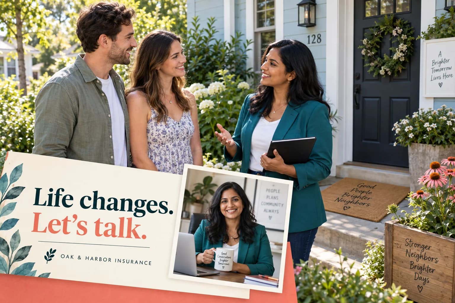 A local agent talks with neighbors outside their home beside welcoming agency creative and a personal portrait.