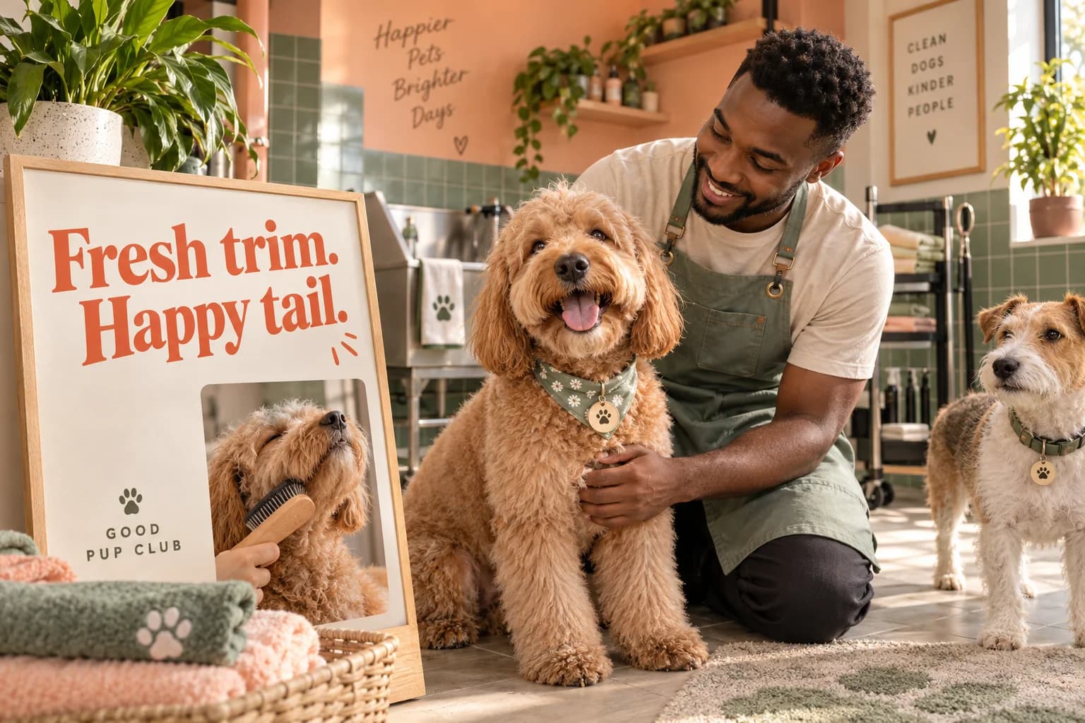 A groomer and two cheerful dogs bring a fresh-trim campaign and a gentle grooming demonstration to life.