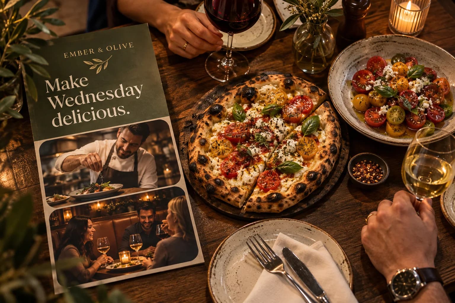 Wood-fired pizza and a colorful tomato salad anchor a Wednesday-supper campaign with chef and dining photographs.