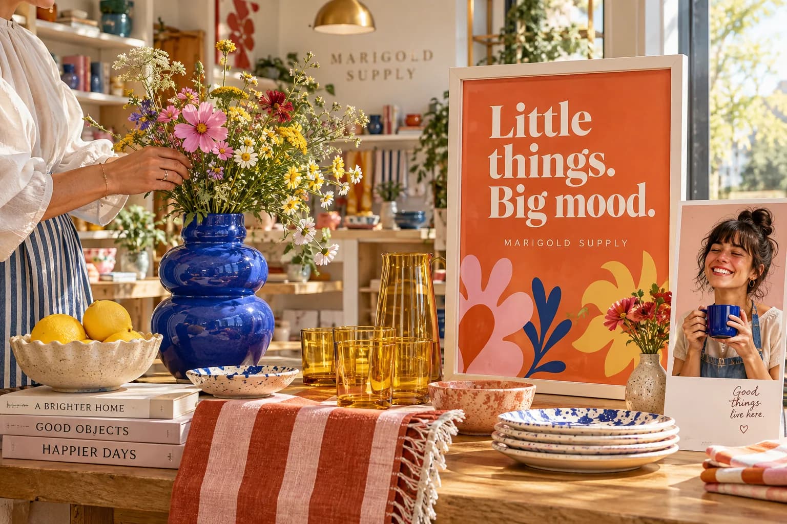 Cobalt ceramics, warm linens and flowers bring a colorful boutique collection and shopkeeper story to life.