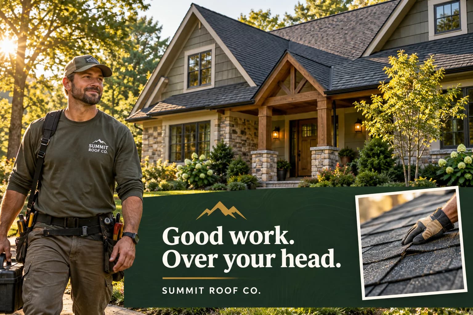 A roofer stands beside a completed craftsman home, with a strong project advertisement and close-up workmanship detail.