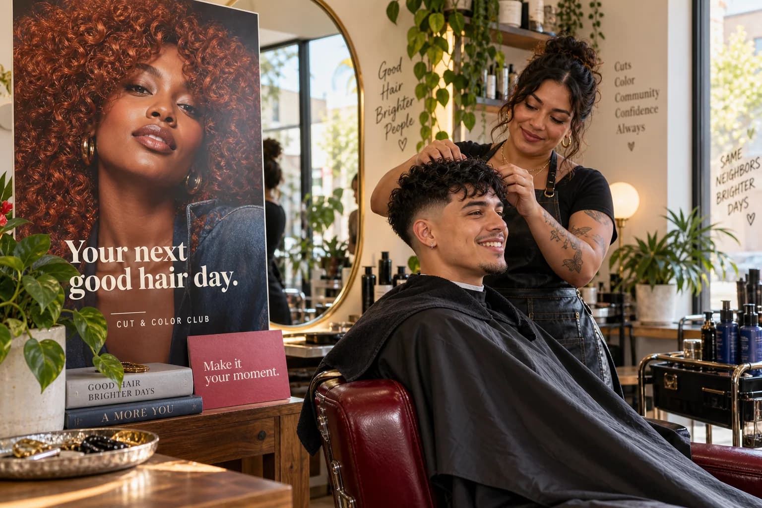A stylist finishes a haircut beside a rich copper-curl campaign portrait and an appointment invitation.
