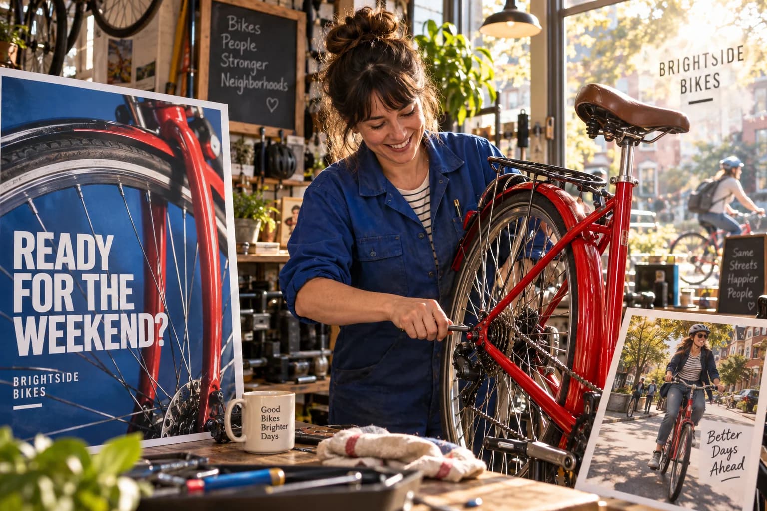 A neighborhood bike-shop owner tunes a red bicycle beside a bold weekend-riding campaign and a local cycling photo.