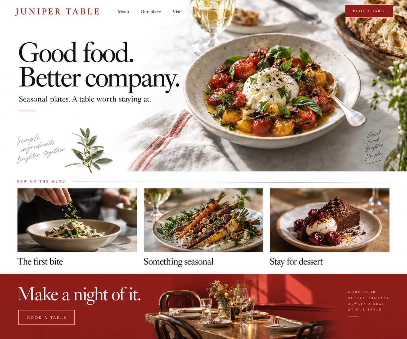Juniper Table restaurant website sample with seasonal food photography and a table reservation invitation