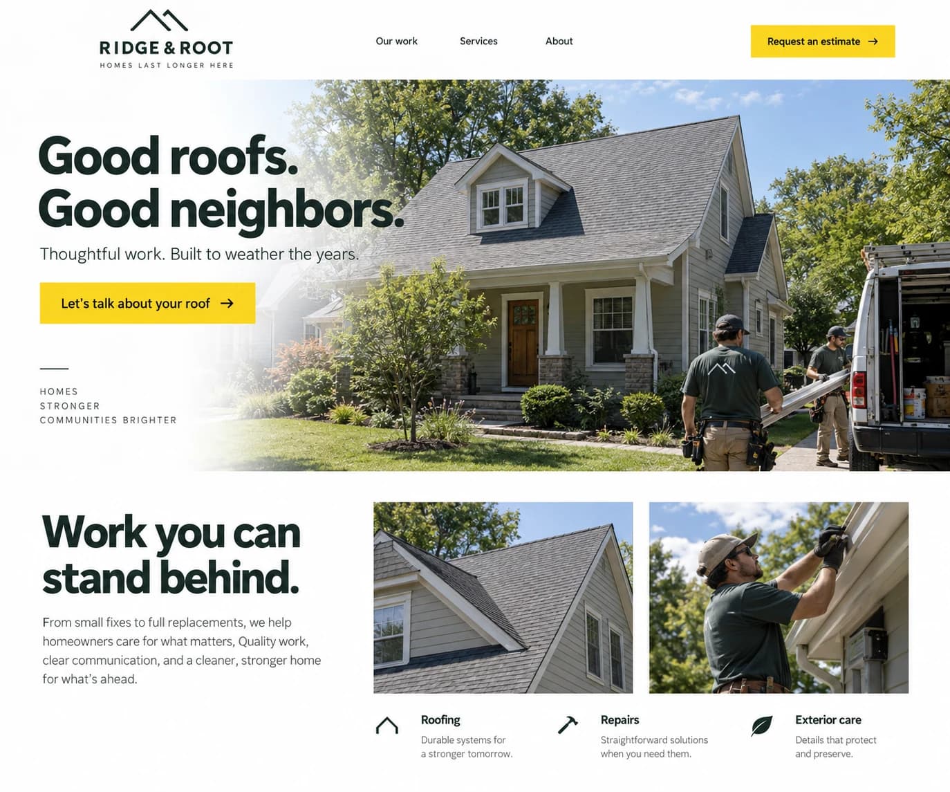 Ridge and Root roofing website sample with neighborhood homes and an estimate request invitation