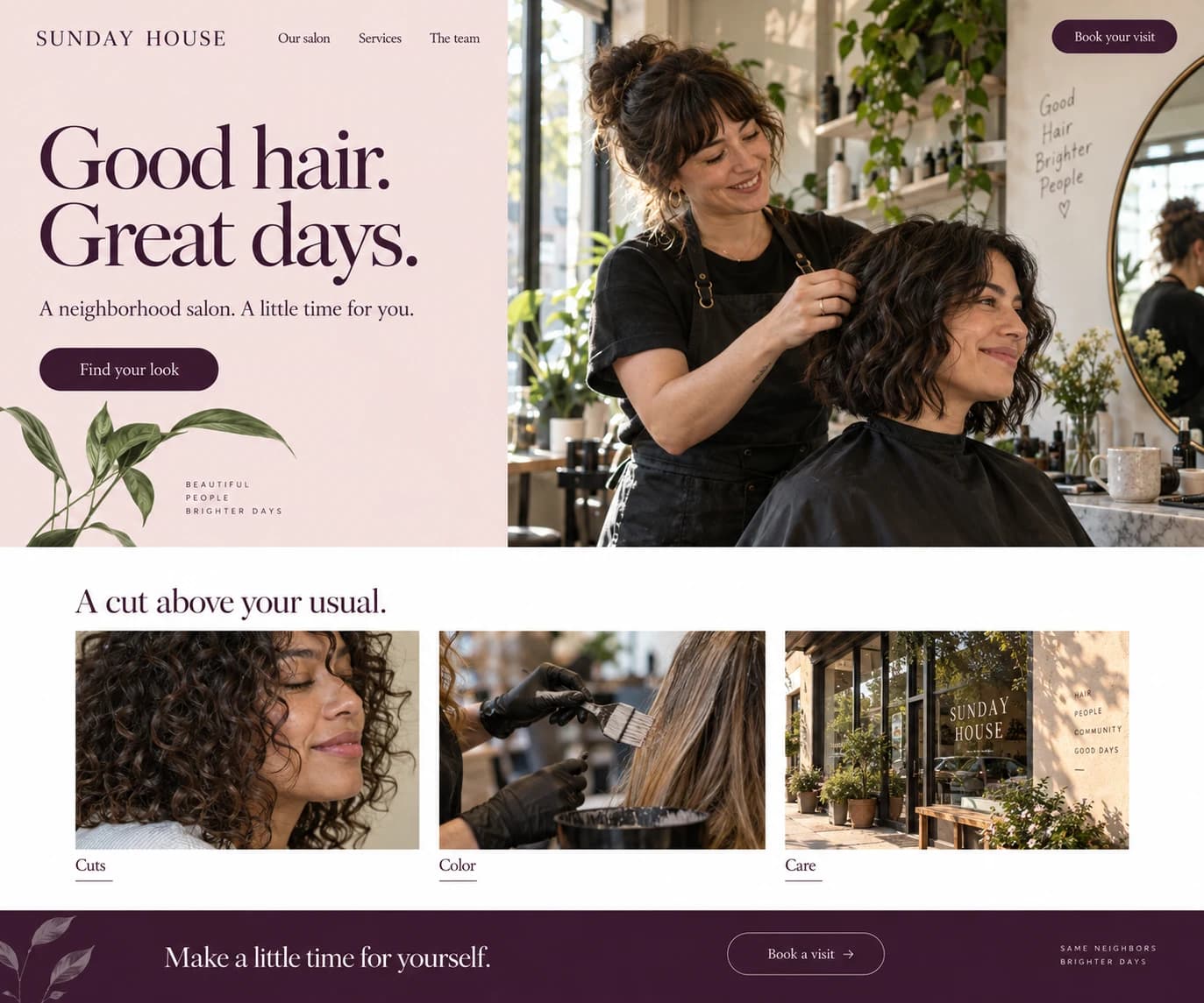 Sunday House salon website sample with a plum wordmark, stylist photography and a booking invitation